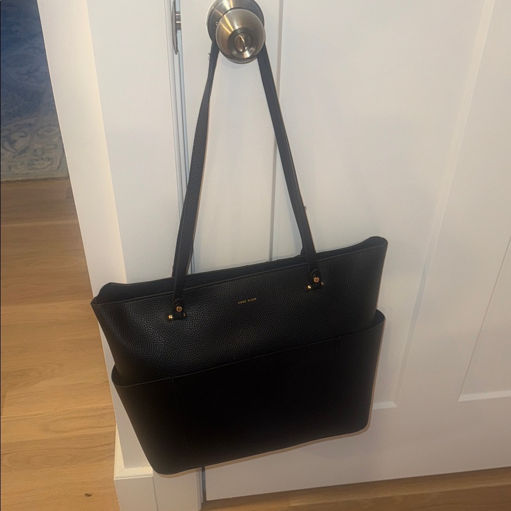 Anne Klein Black Pebbled Leather Large Tote with Front Pocket